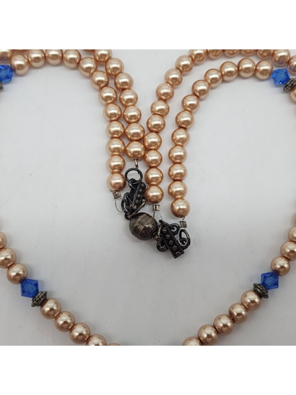 Two Strand Pendant Necklace Blue Murano Style Glass Leaf Faux Pearl Crystal - Picture 10 of 10